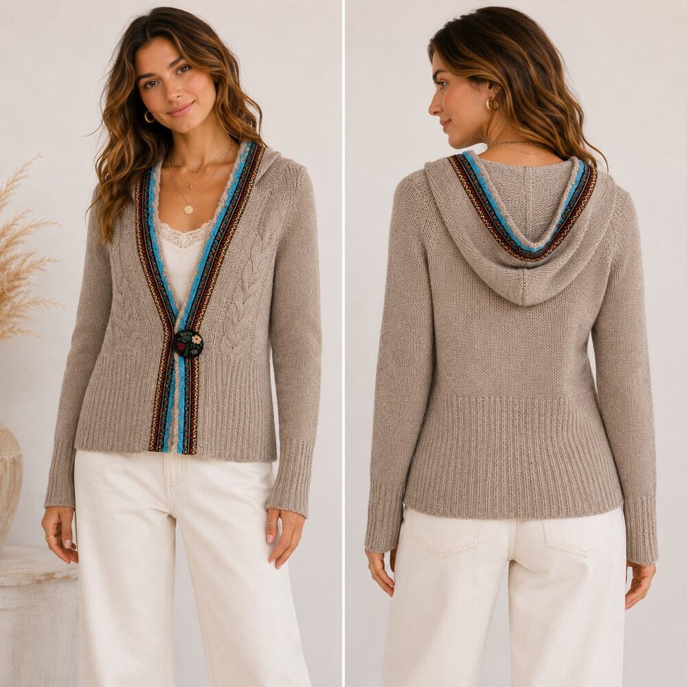 Free People Hooded Cardigan Women's Size M Cable-Knit Tan Lace Floral Cottage